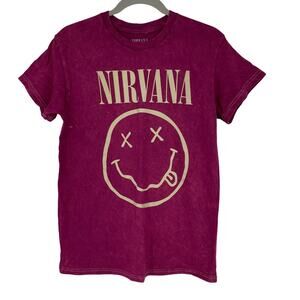 Officially Licensed Nirvana Nevermind Smiley Grunge Tee Magenta Acid Wash Small